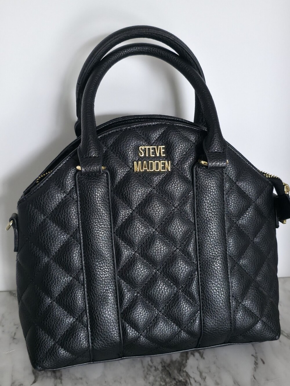 Steve Madden Black Quilted Dome Satchel with Gold Logo